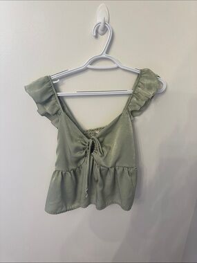 Altar'd State Sage Green Satin Ruffle Tie-Front Camisole
